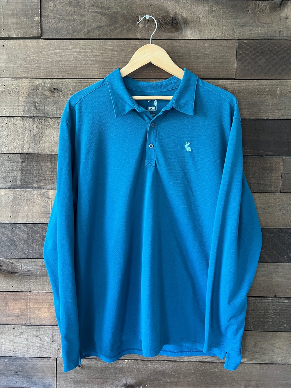 Stio Men's Long Sleeve Polo Shirt Lightweight Jackalope Logo in Blue Size XXL